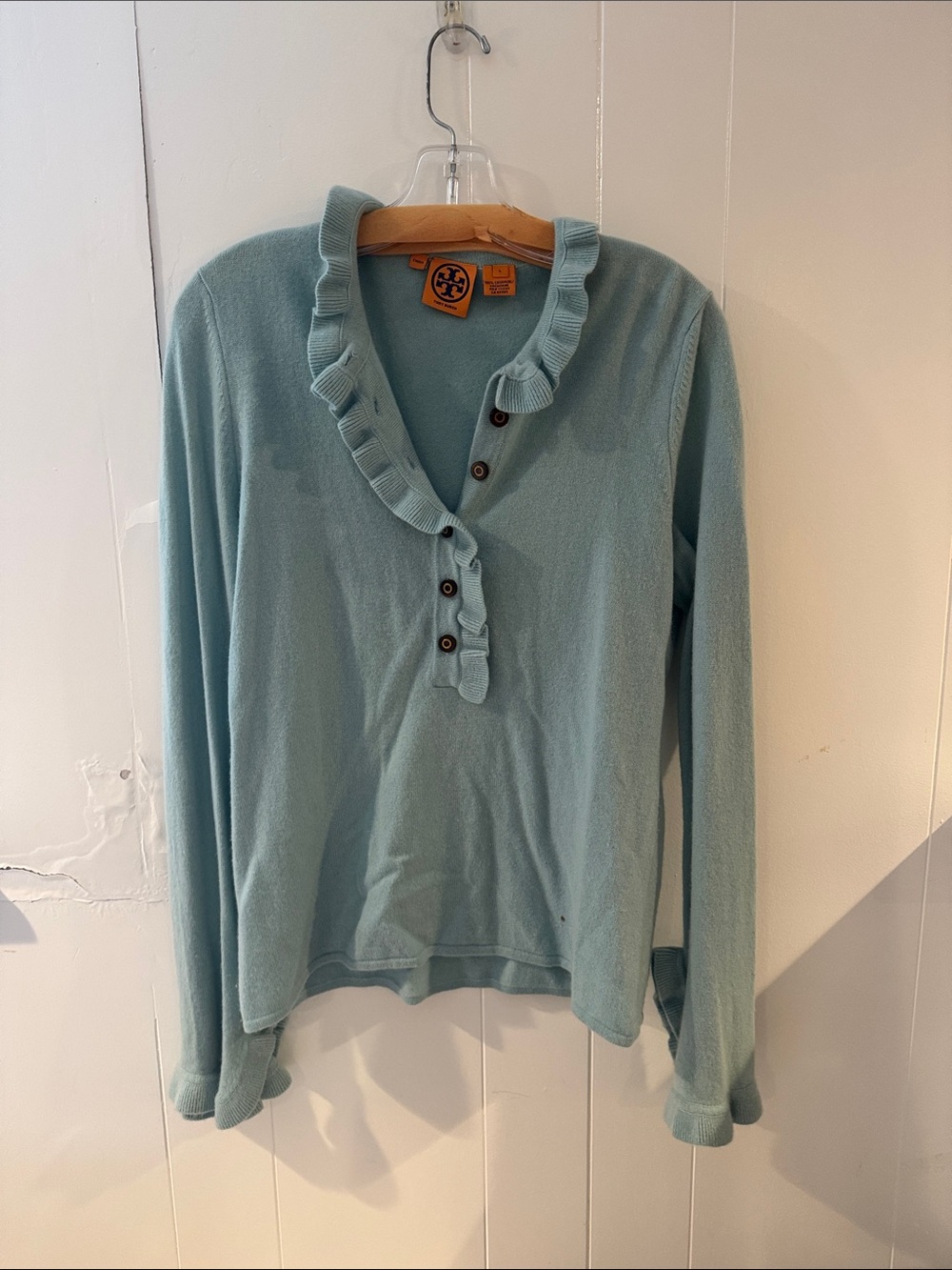Tory Burch Pale Blue Ruffle-Trim Long Sleeve Top